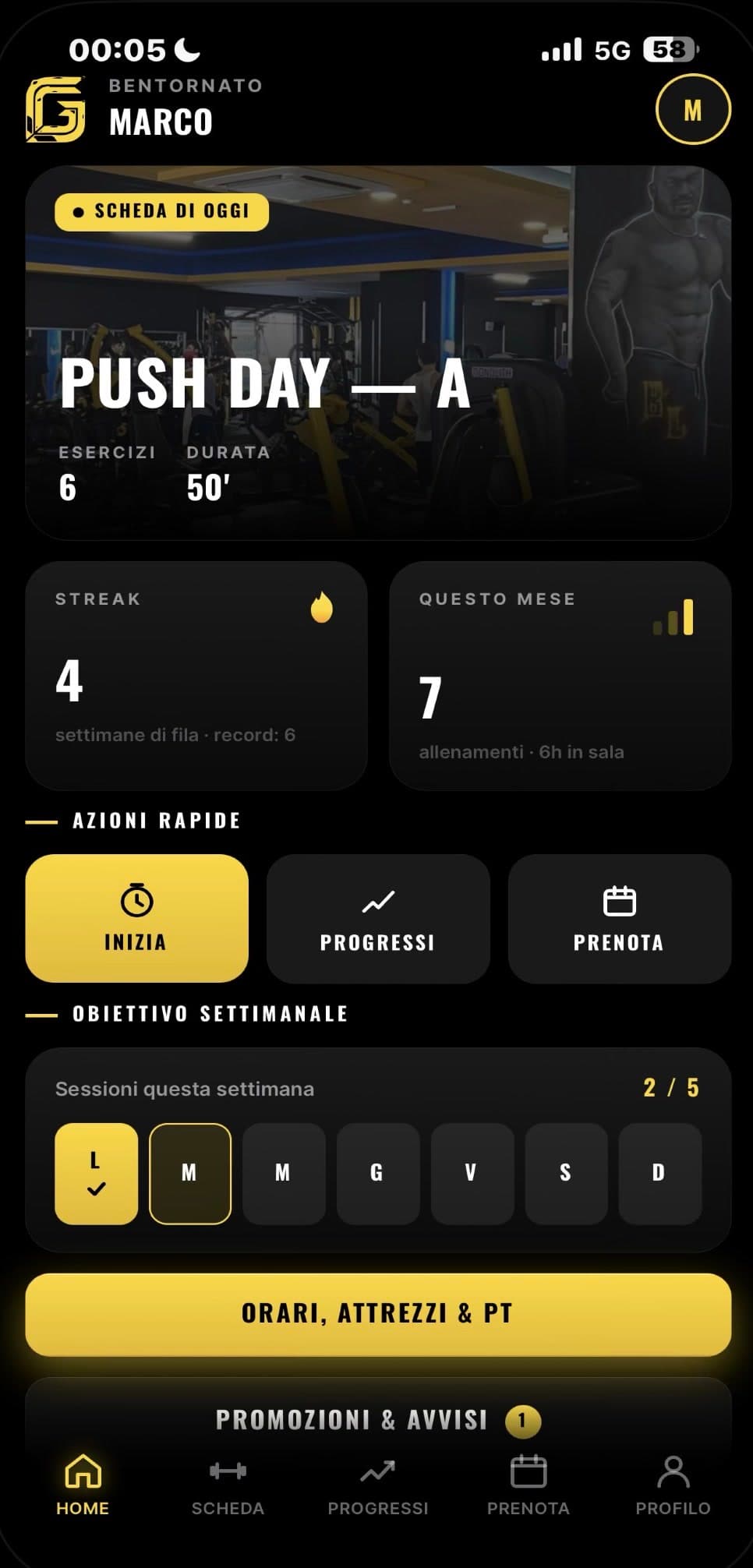 Schermata home dell'app G-Exclusive Gym: scheda di oggi, streak e obiettivo settimanale