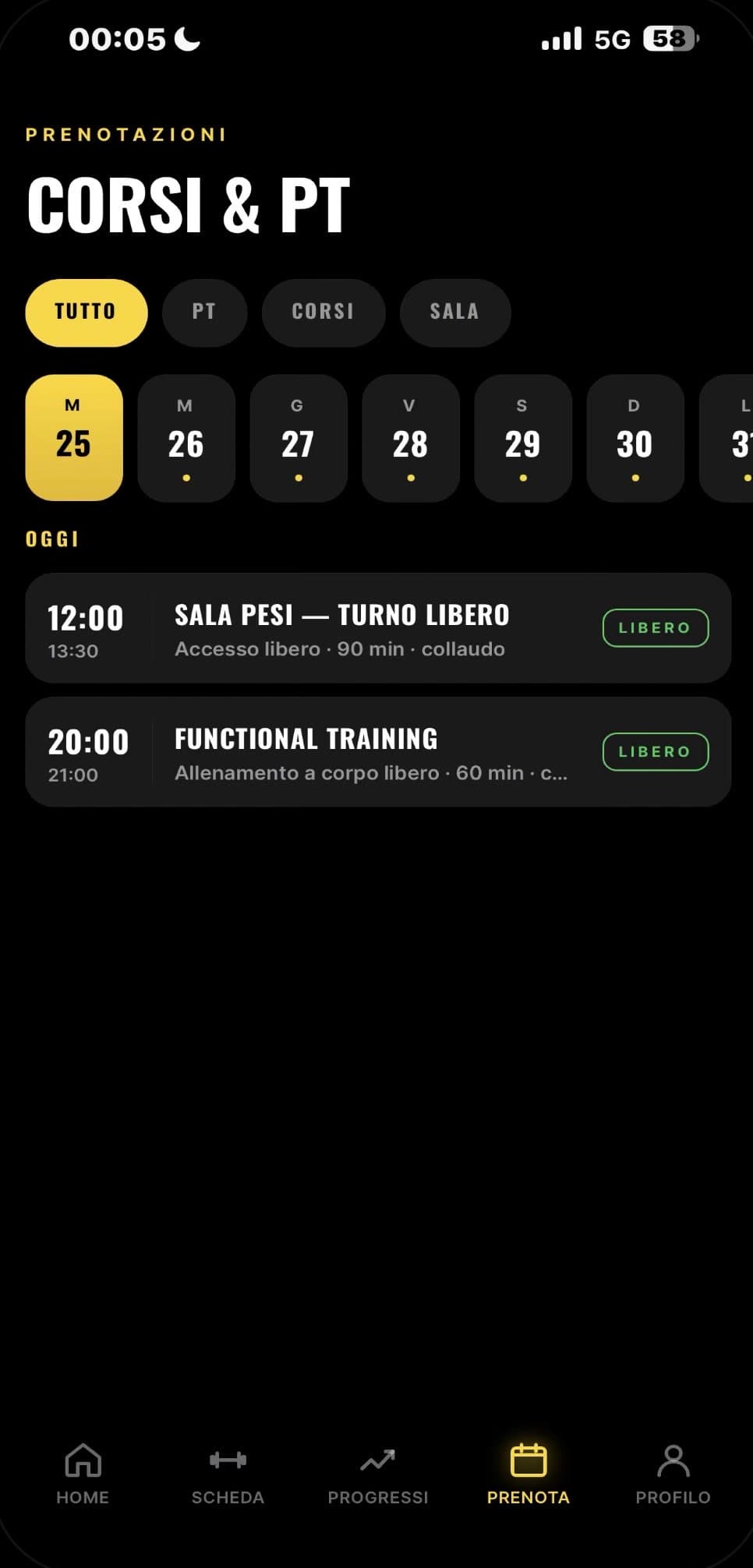 Schermata dell'app G-Exclusive Gym: prenotazione di corsi e personal trainer